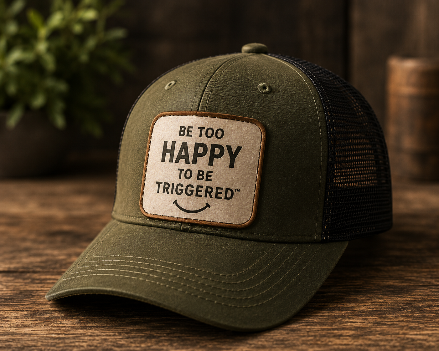 Black and olive trucker hat mockup